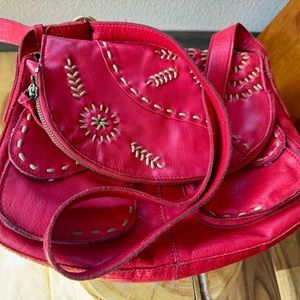 Lucky Brand red leather hobo handbag whipstitch crossbody fold over satchel